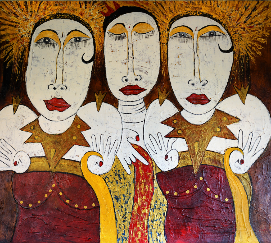 Tableau acrylique sur toile : Les trois drôles de Dames par un artiste peintre balinais