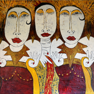 Tableau acrylique sur toile : Les trois drôles de Dames par un artiste peintre balinais