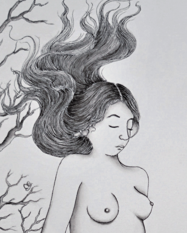 Encre de chine sur papier pressé à froid : Undress par l'artiste peintre Satya Cipta